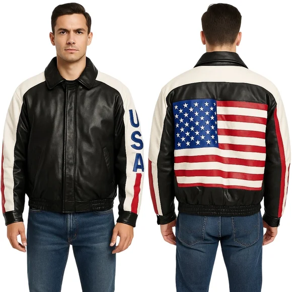 OSCAR PIEL Leather USA Flag Jacket Mens Large Black Red White Blue Stars Stripes - Picture 1 of 15
